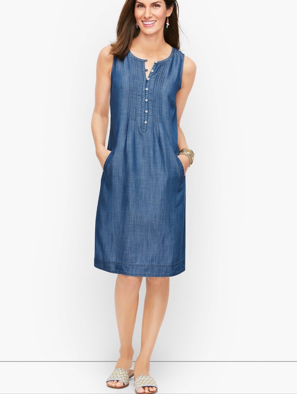 Talbots Pintucked Denim Shift Dress With Pockets